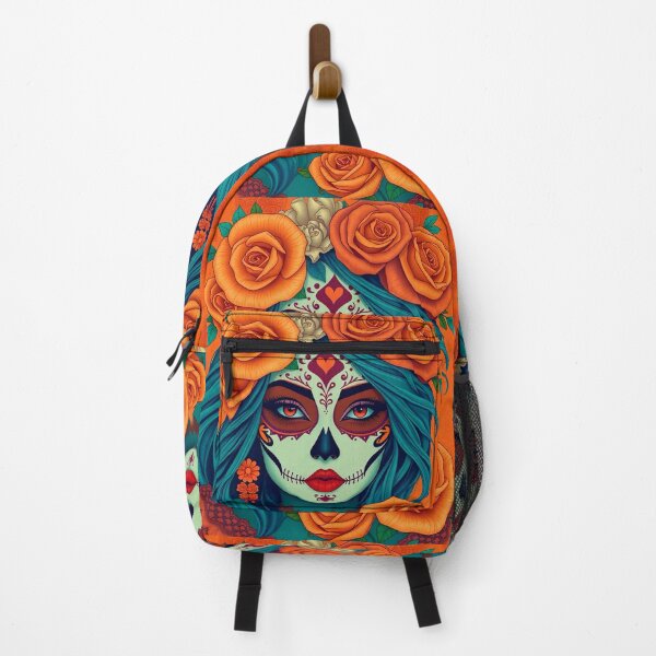 Item preview, Dia de los Muertos woman with roses and face paint on orange background designed and sold by SweetLilith.