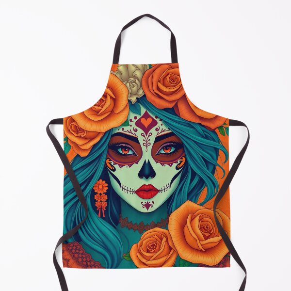 Item preview, Dia de los Muertos woman with roses and face paint on orange background designed and sold by SweetLilith.