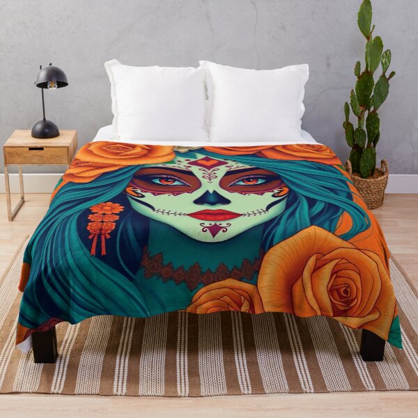 Item preview, Dia de los Muertos woman with roses and face paint on orange background designed and sold by SweetLilith.