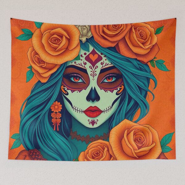 Item preview, Dia de los Muertos woman with roses and face paint on orange background designed and sold by SweetLilith.
