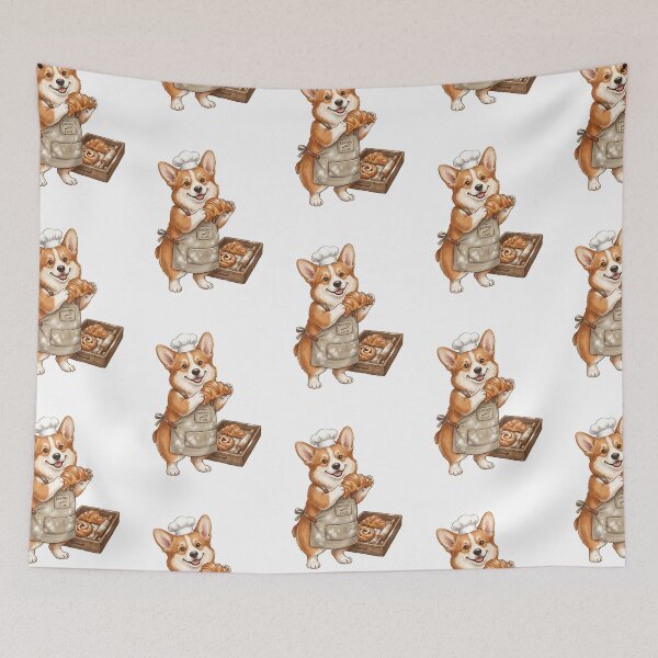 Item preview, Pembroke Corgi Baker with Apron and Croissant Illustration designed and sold by PictoVibe.