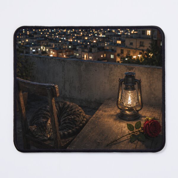 Item preview, Melancholic Night City Cat | Cozy Rooftop Lantern and Red Rose Photography designed and sold by Extravanganzza.
