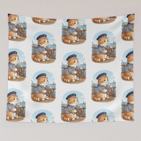 Item preview, Scottish Fold Cat Sailor with Navy Cap and Ship Wheel designed and sold by PictoVibe.