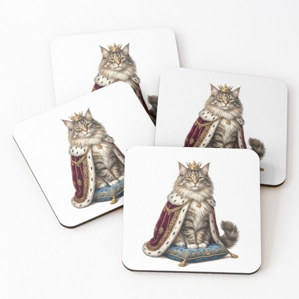 Item preview, Norwegian Forest Cat King with Crown and Royal Cape Illustration designed and sold by PictoVibe.