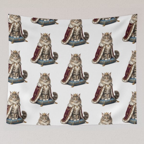 Item preview, Norwegian Forest Cat King with Crown and Royal Cape Illustration designed and sold by PictoVibe.