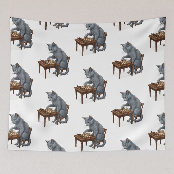 Item preview, Russian Blue Cat Chess Master with Chess Board Illustration designed and sold by PictoVibe.
