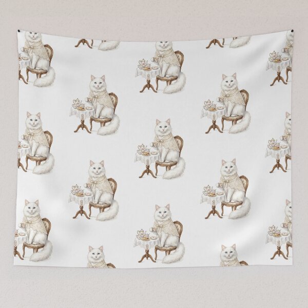 Item preview, Turkish Angora Cat Tea Party Hostess with Teacup Illustration designed and sold by PictoVibe.