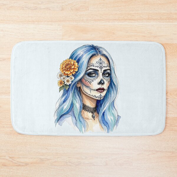 Item preview, Dia de los Muertos Sugar Skull Woman with Blue Hair and Marigolds designed and sold by SweetLilith.