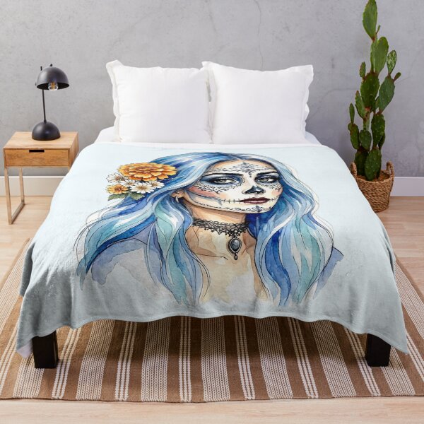 Item preview, Dia de los Muertos Sugar Skull Woman with Blue Hair and Marigolds designed and sold by SweetLilith.