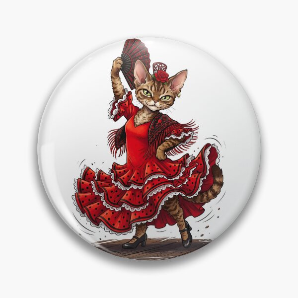 Item preview, Devon Rex Cat Flamenco Dancer in Red Ruffled Dress Illustration designed and sold by PictoVibe.
