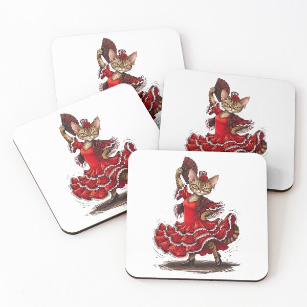 Item preview, Devon Rex Cat Flamenco Dancer in Red Ruffled Dress Illustration designed and sold by PictoVibe.