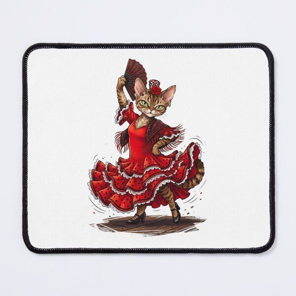 Item preview, Devon Rex Cat Flamenco Dancer in Red Ruffled Dress Illustration designed and sold by PictoVibe.