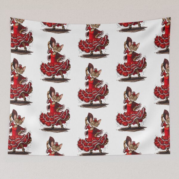Item preview, Devon Rex Cat Flamenco Dancer in Red Ruffled Dress Illustration designed and sold by PictoVibe.