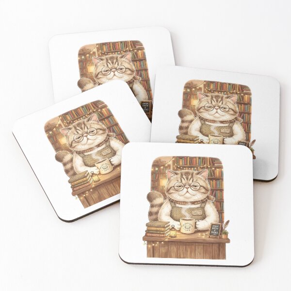 Item preview, Exotic Shorthair Cat Bookshop Cafe Owner with Coffee Mug designed and sold by PictoVibe.
