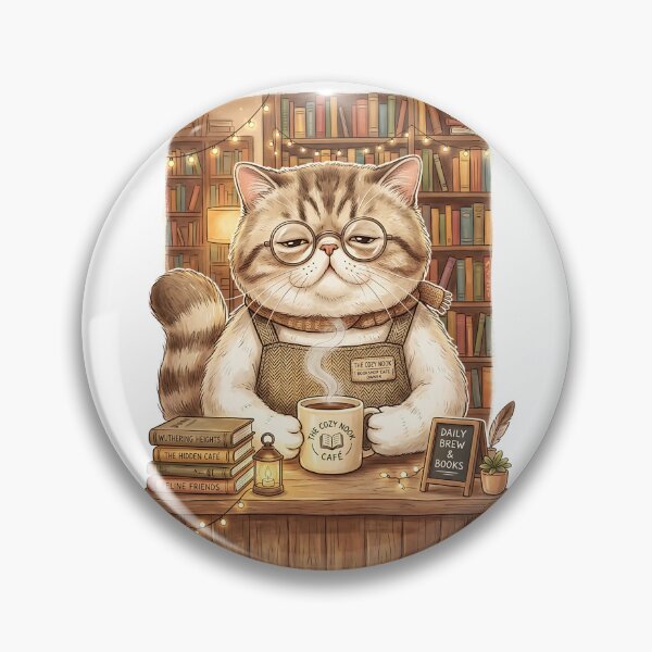 Item preview, Exotic Shorthair Cat Bookshop Cafe Owner with Coffee Mug designed and sold by PictoVibe.