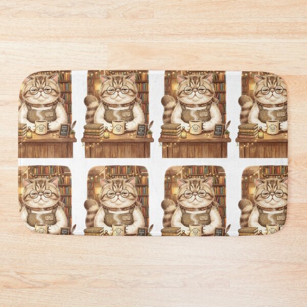 Item preview, Exotic Shorthair Cat Bookshop Cafe Owner with Coffee Mug designed and sold by PictoVibe.