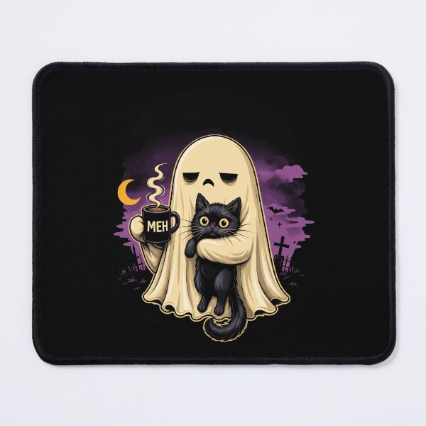 Item preview, Funny Meh Ghost Holding Black Cat and Coffee Introvert Halloween designed and sold by Vermanartist.