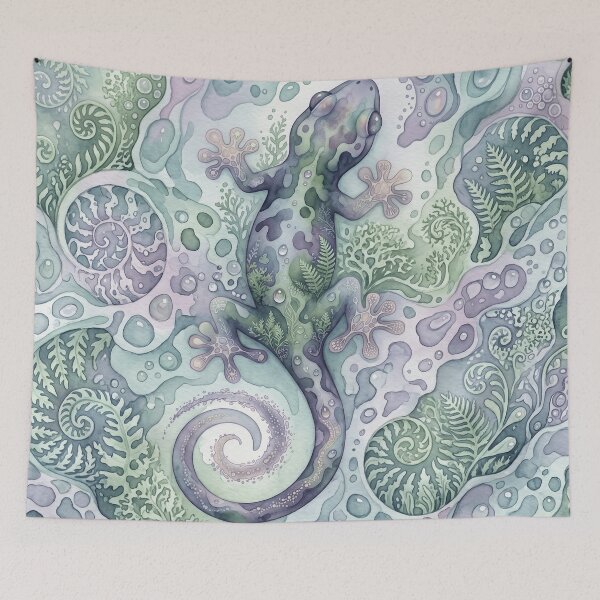 Item preview, Whimsical Lizard Ammonite Fossil Spiral Fern Watercolor Reptile Botanical Art designed and sold by MarCinu Art.