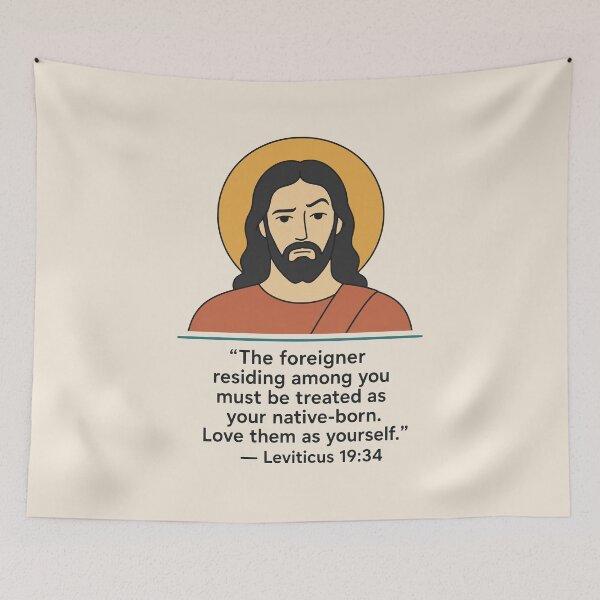 Item preview, Love the Foreigner – Jesus with Leviticus 19:34 Bible Verse designed and sold by KungPowUnicorn.