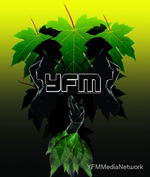 Nature-Inspired YFM logo artwork with green leaves and dark silhouettes