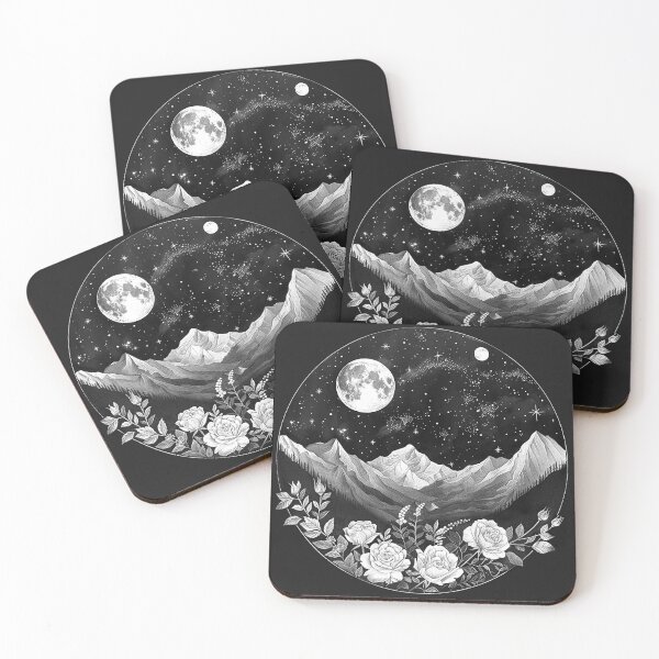 Item preview, Celestial Mountain Moon Floral Night Landscape with Stars designed and sold by inkoutninja.