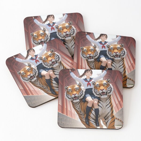 Item preview, Anime Schoolgirl Riding Two-Headed Bengal Tiger - Fantasy Asian Architecture Art designed and sold by BLUESKY11a.