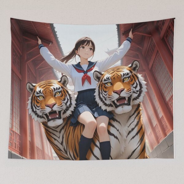 Item preview, Anime Schoolgirl Riding Two-Headed Bengal Tiger - Fantasy Asian Architecture Art designed and sold by BLUESKY11a.