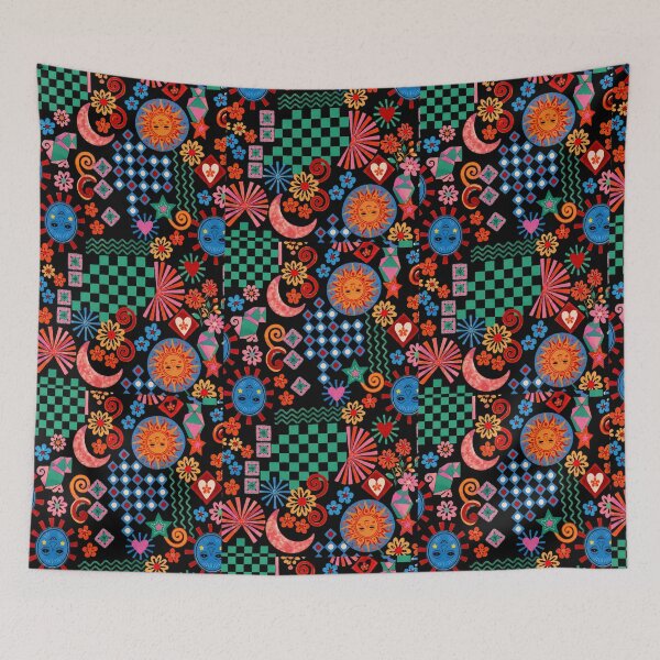 Item preview, Colorful Celestial Folk Art Sun Moon Floral Geometric Pattern designed and sold by flowerpower999.