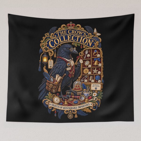 Item preview, The Crow’s Collection – Funny Embroidered Crow Curator Oddities Art designed and sold by Emoji Emblems.