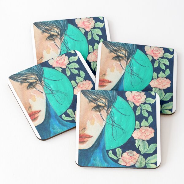 Item preview, Behind the Garden | Botanical Woman Portrait in Teal and Blue designed and sold by ArithraStudio.