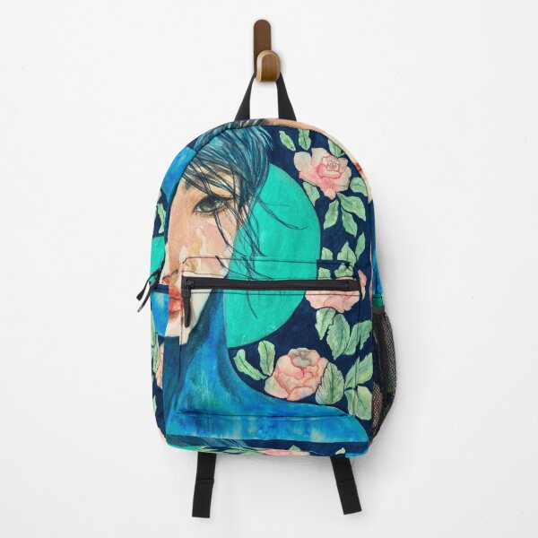Item preview, Behind the Garden | Botanical Woman Portrait in Teal and Blue designed and sold by ArithraStudio.