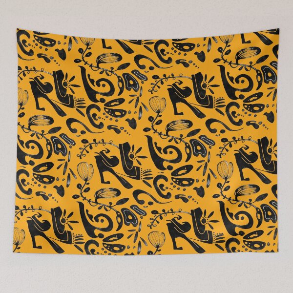 Item preview, Marigold Orange Whimsical Black Ink Folk Floral Pattern designed and sold by wissal.studio.