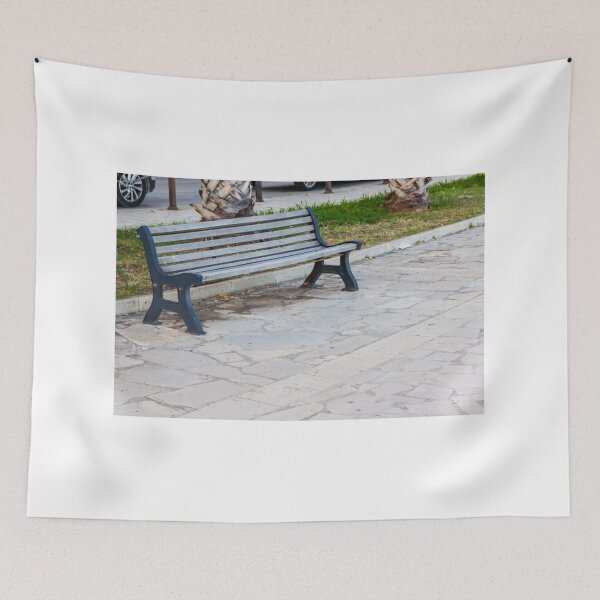 Item preview, Empty Park Bench on Stone Pavement Near Palm Trees in Urban Outdoor Public Space designed and sold by Nmallia.