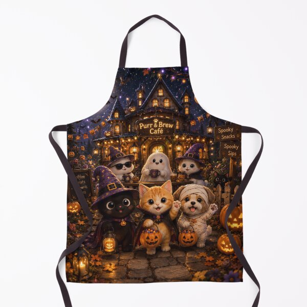 Aperçu de l'œuvre Spooky Pets Halloween Cafe Purr And Brew créée et vendue par Soluna Studio.
