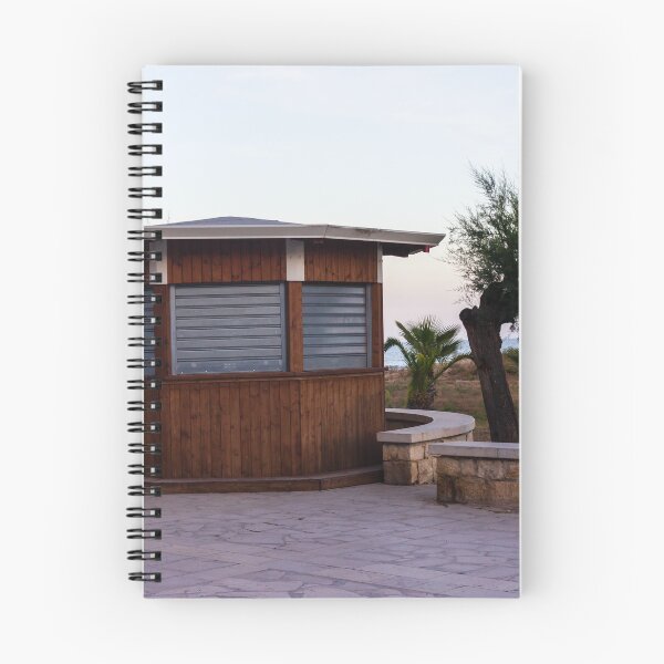 Item preview, Closed Wooden Beach Kiosk on Seafront Promenade With Palm Trees and Calm Evening Sky designed and sold by Nmallia.