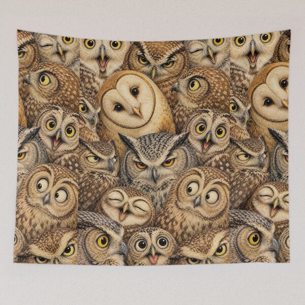 Item preview, Funny Owl Faces Collage - Whimsical Bird Portrait Illustration designed and sold by merchxwear.