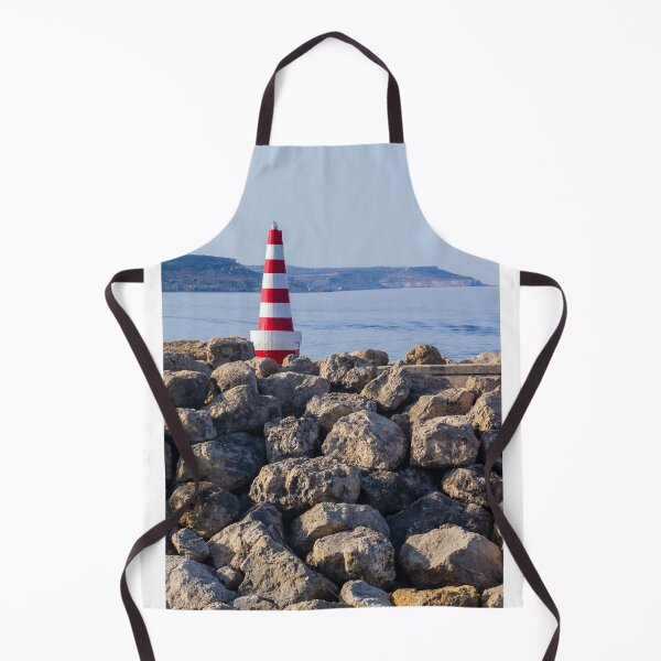 Item preview, Red and White Striped Lighthouse on Rocky Breakwater by Calm Sea with Distant Coastline designed and sold by Nmallia.