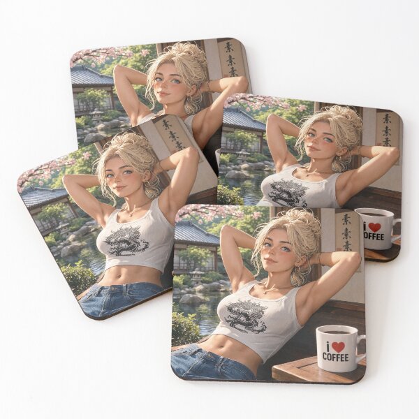 Item preview,  Cute anime manga girl reclining with a cup of coffee designed and sold by Vintage Designs +.