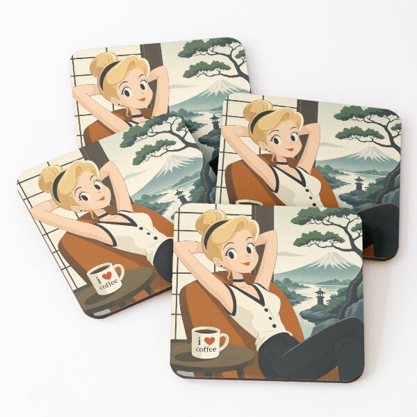Item preview, Cute anime manga girl reclining with a cup of coffee designed and sold by Vintage Designs +.