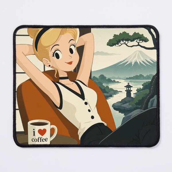 Item preview, Cute anime manga girl reclining with a cup of coffee designed and sold by Vintage Designs +.