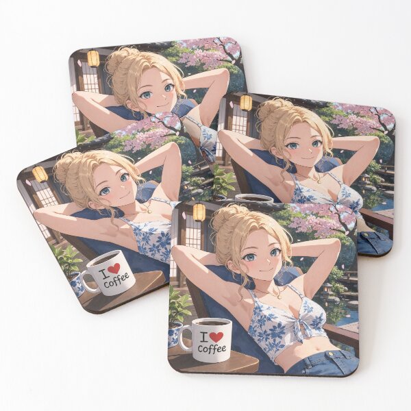 Item preview, Cute anime manga girl reclining with a cup of coffee designed and sold by Vintage Designs +.