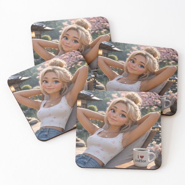 Item preview,  Cute blonde girl reclining with a cup of coffee designed and sold by Vintage Designs +.