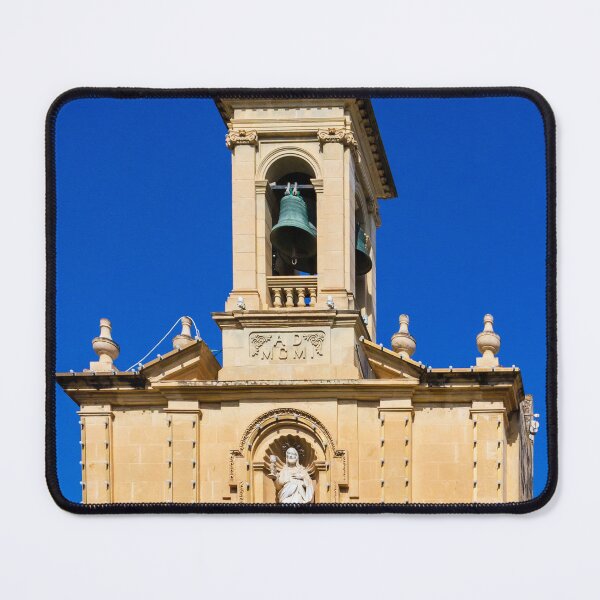 Item preview, Historic Church Bell Tower With Statue, Cross and Bronze Bells Against Clear Blue Sky designed and sold by Nmallia.