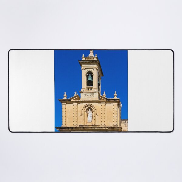 Item preview, Historic Church Bell Tower With Statue, Cross and Bronze Bells Against Clear Blue Sky designed and sold by Nmallia.