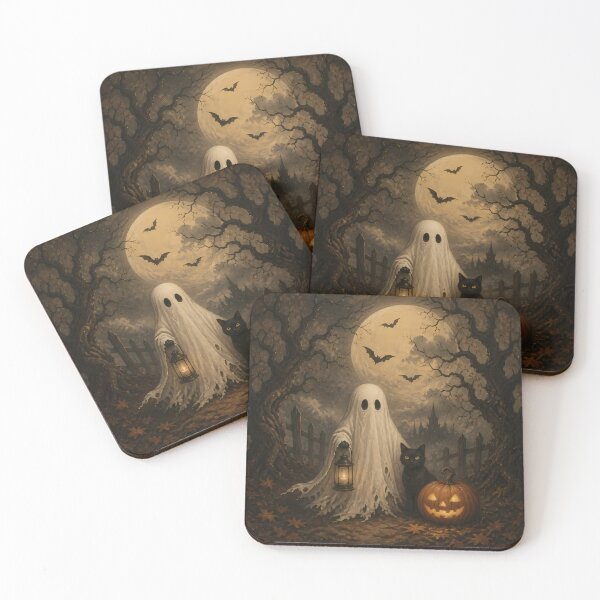 Item preview, Vintage Halloween Ghost Black Cat Pumpkin Moon Oil Painting designed and sold by GrinGalore.