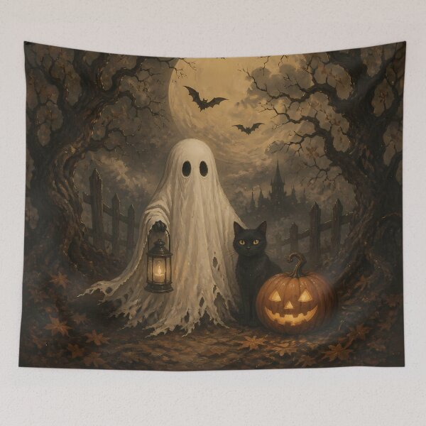 Item preview, Vintage Halloween Ghost Black Cat Pumpkin Moon Oil Painting designed and sold by GrinGalore.