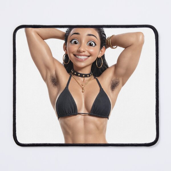 Item preview, Animated cartoon art woman standing with hands behind her heads in a bikini top with unshaven underarms designed and sold by Vintage Designs +.