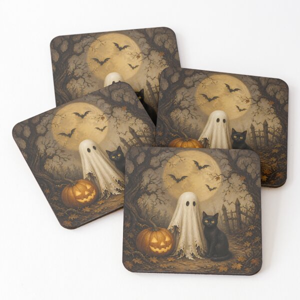Item preview, Vintage Halloween Ghost Pumpkin Black Cat Full Moon Oil Painting designed and sold by GrinGalore.