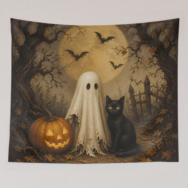 Item preview, Vintage Halloween Ghost Pumpkin Black Cat Full Moon Oil Painting designed and sold by GrinGalore.