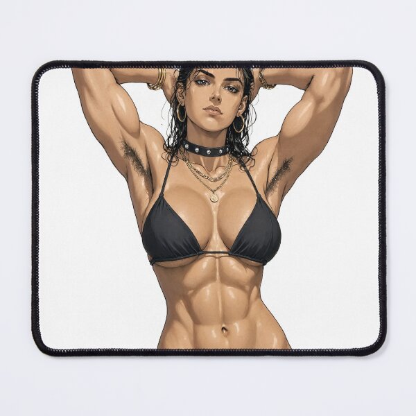 Item preview, Animated cartoon art woman standing with hands behind her heads in a bikini top with unshaven underarms designed and sold by Vintage Designs +.
